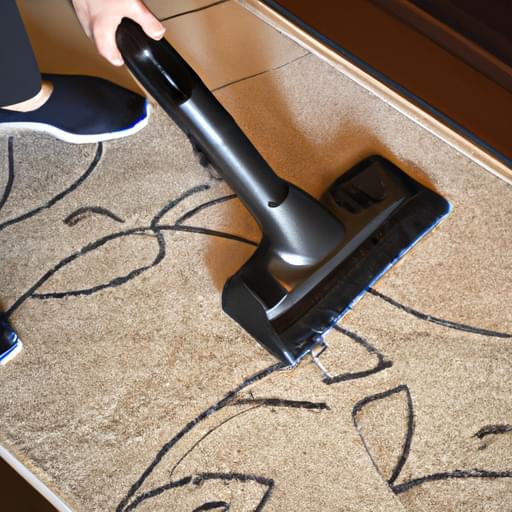 Người dùng máy hút bụi để làm sạch thảm chùi chân.