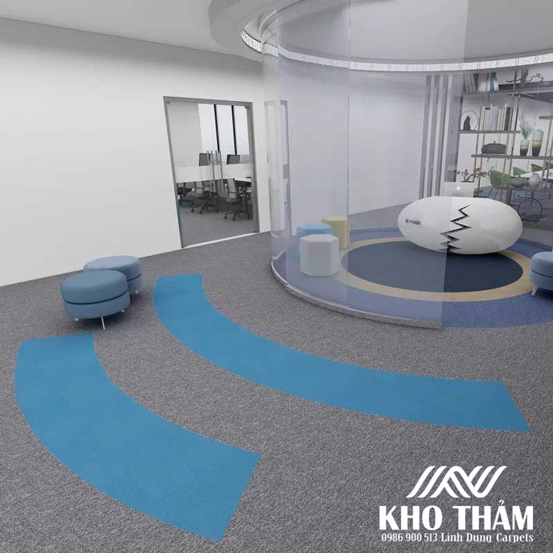 Thảm tấm văn phòng 002 màu ghi xám và màu xanh cắt đường cong