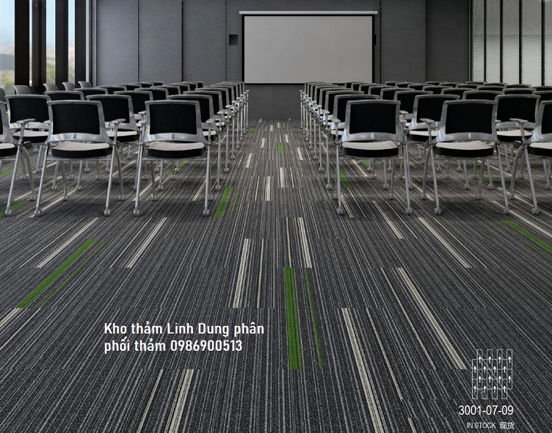 Thảm trải sàn HC kết hợp giữa các màu HC01 - HC07 - HC09 kẻ sọc xanh lá và kẻ sọc trắng