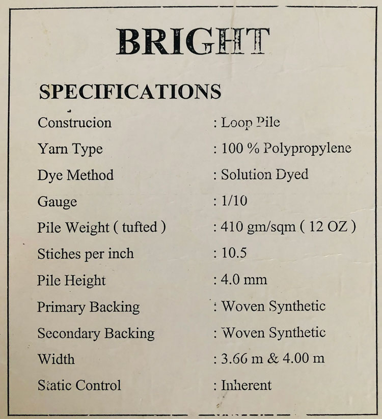 Thông số kĩ thuật của thảm Bright Thái Lan